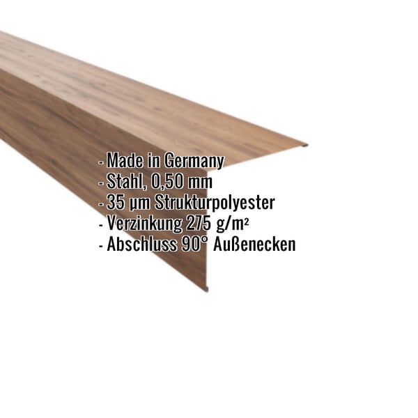 Außenecke Stahl Eiche 0,50 mm mit 35 µm Strukturpolyester Beschichtung, Eckdaten eingeblendet