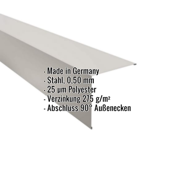 Außenecke Lichtgrau RAL 7035 aus Stahl 0,50 mm, 25 µm Polyesterbeschichtung, mit eingeblendeten Eckdaten
