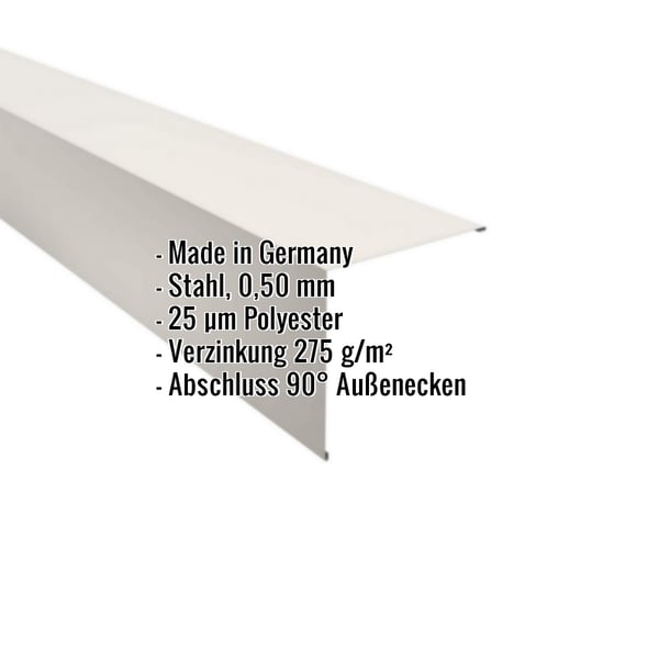 Außenecke aus Stahl, Reinweiß RAL 9010, mit eingeblendeten Eckdaten zu Material und Beschichtung