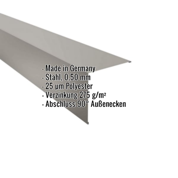 Außenecke Graualuminium RAL 9007, 0,50 mm Stahl, mit eingeblendeten Eckdaten