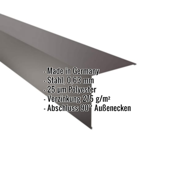 Außenecke schokoladenbraun RAL 8017 aus Stahl 0,63 mm, mit eingeblendeten Eckdaten