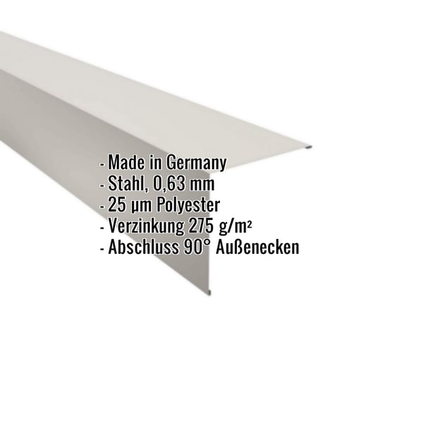 Außenecke Stahl Grauweiß RAL 9002, 0,63 mm, mit eingeblendeten technischen Daten und "Made in Germany"