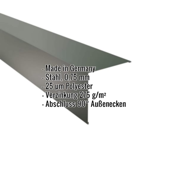 Außenecke Stahl 0,75 mm Chromoxidgrün mit eingeblendeten Eckdaten zu Material und Beschichtung