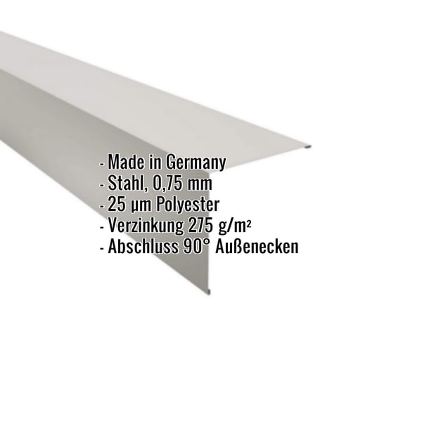 Außenecke Stahl Weißaluminium RAL 9006, 0,75 mm, mit eingeblendeten Eckdaten