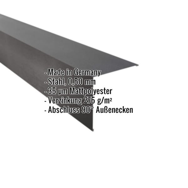 Dunkelgraue Außenecke aus Stahl, 0,50 mm, mit Mattpolyester-Beschichtung und eingeblendeten Eckdaten