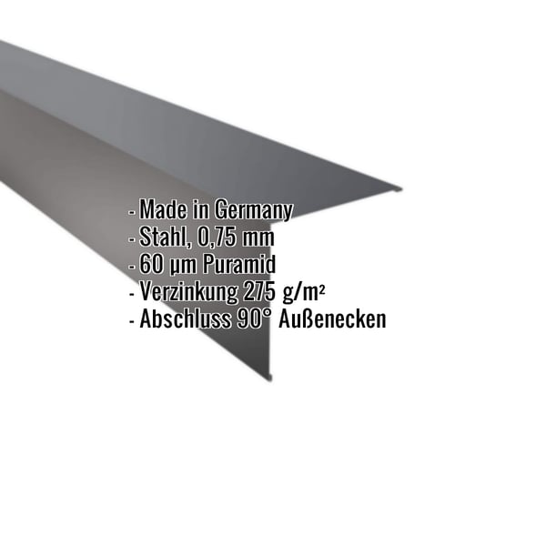 Außenecke aus Stahl, Anthrazitgrau, 0,75 mm, mit Puramid-Beschichtung und eingeblendeten Eckdaten