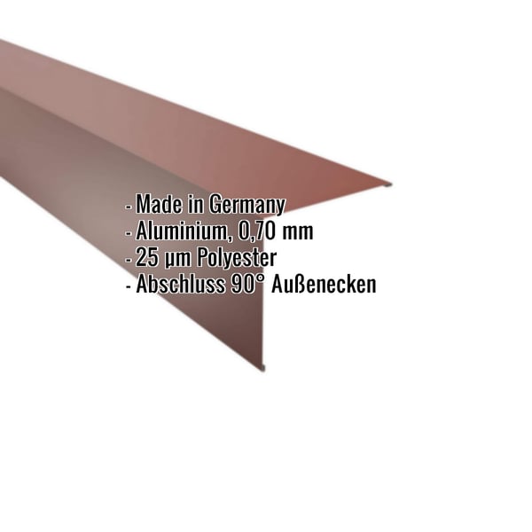 Außenecke Aluminium 0,70 mm rotbraun, 25 µm Polyester, mit eingeblendeten Eckdaten