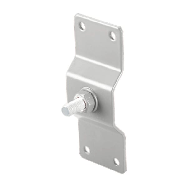 Blech für Fallrohrschelle aus weißaluminiumfarbenem Stahl, seitliche Ansicht mit Schraube und Mutter