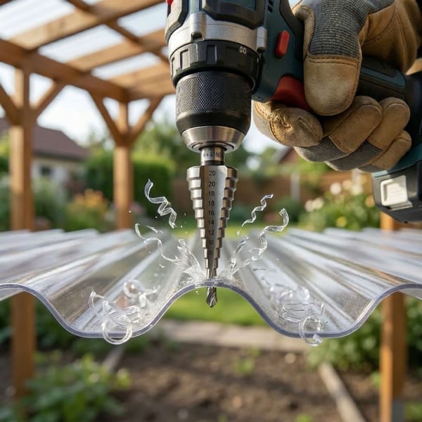 Stufenbohrer bohrt Loch in transparente Wellplatte, Bohrspäne fliegen, Hand hält Bohrmaschine
