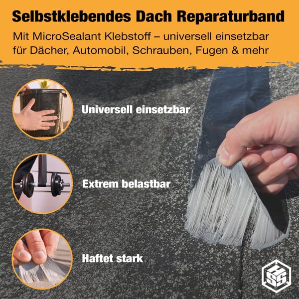 Dach Reparaturband grau, Detailaufnahme der Klebeschicht und Anwendungsbeispiele
