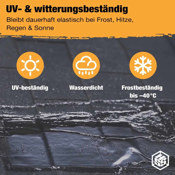 Dach Reparaturband, schwarz, UV- und witterungsbeständig mit Icons