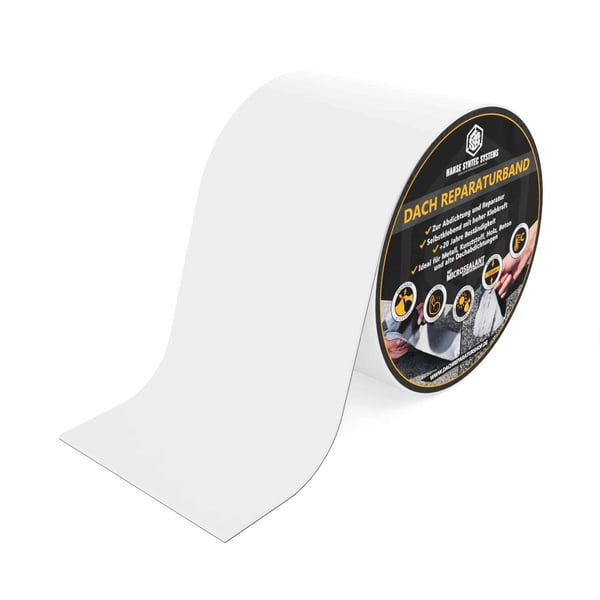 Dach Reparaturband EPDM weiß, Rolle mit Produktinformationen und MicroSealant Logo