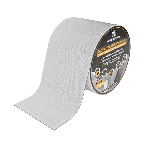 Dach Reparaturband VLIES+ Rolle, grau, mit Produktetikett von DACHPROTECT, freigestellt