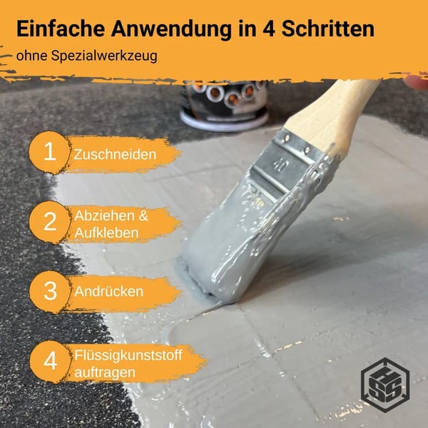 Dach Reparaturband VLIES+ Anwendung in 4 Schritten, Pinsel trägt Flüssigkunststoff auf