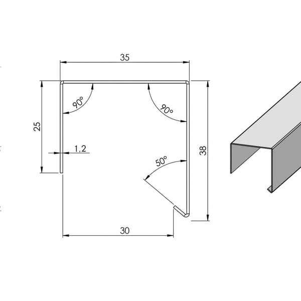 Technische Zeichnung des Dachrandprofils CUBE mit Querschnitt und Massen, Staerke 1,2 mm