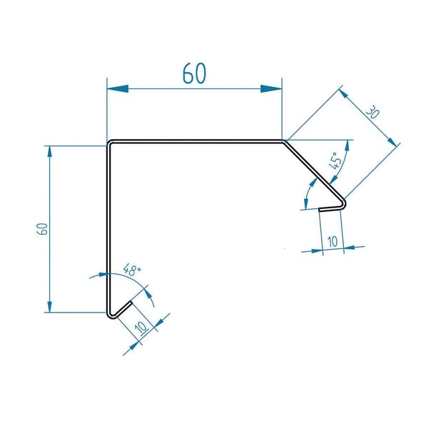 Technische Zeichnung des Dachrandprofils ISOS mit Massen und Winkeln, 1,50 mm