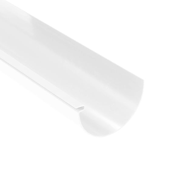 Plastmo Dachrinne aus weißem PVC, Detailansicht des halbrunden Profils