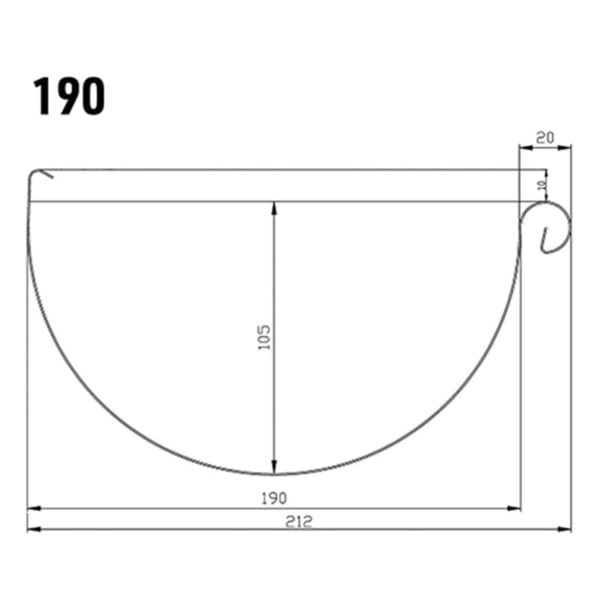 Technische Zeichnung der Dachrinne mit Massen: Breite 190 mm, Hoehe 105 mm, Rollrand 20 mm
