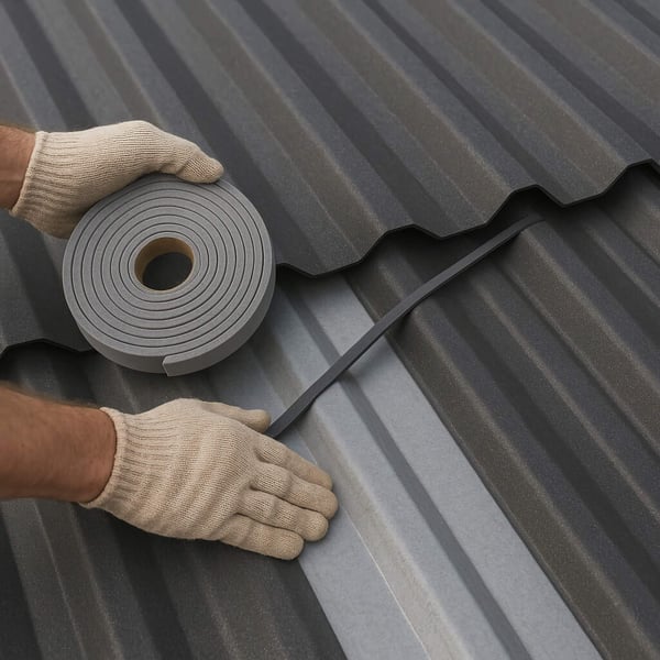 Dichtungsband Polmetal aus grauem Schaumstoff wird auf Trapezblech verlegt