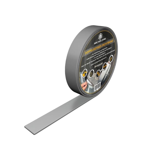 Graues doppelseitiges Dichtband von DACHPROTECT auf Rolle, mit eingeblendeten Produktinformationen