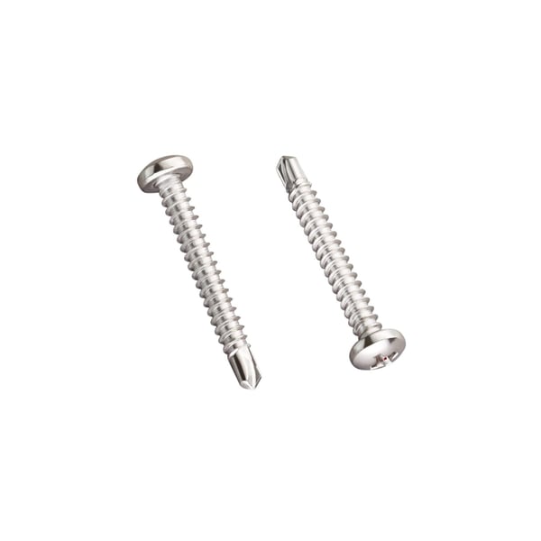 Edelstahlschrauben blank, zwei Schrauben mit Bohrspitze und Linsenkopf, eine mit Kreuzschlitz, die andere mit Torx-Antrieb