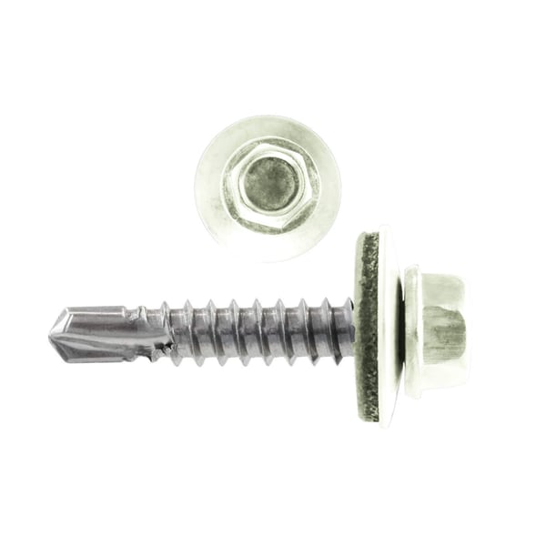 Edelstahlschraube Polmetal, RAL 9002 Grauweiß, mit Bohrspitze und Dichtscheibe, Seiten- und Draufsicht