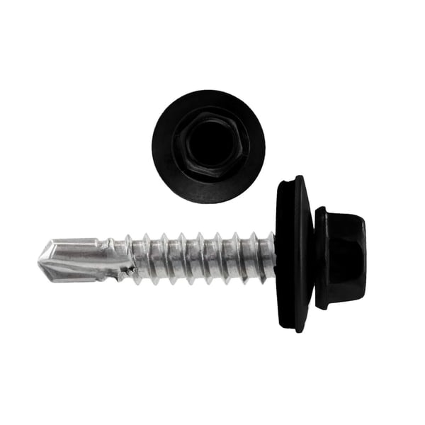 Edelstahlschraube Tiefsicke, Polmetal, tiefschwarz RAL 9005, mit Dichtscheibe und Bohrspitze