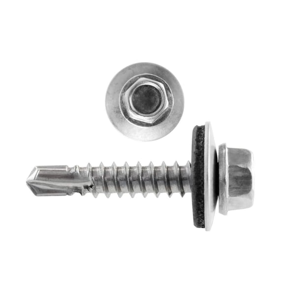 Edelstahlschraube, weißaluminium (RAL 9006), mit Sechskantkopf, Unterlegscheibe und Dichtung, Seitenansicht und Draufsicht