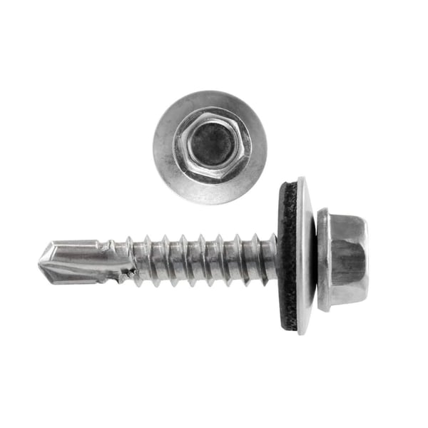 Edelstahlschraube Graualuminium RAL 9007 mit Sechskantkopf und Dichtung, Seitenansicht und Draufsicht