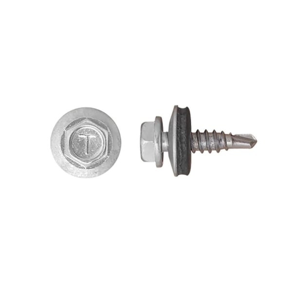 Edelstahlschraube mit Sechskantkopf und Dichtscheibe, Farbe Weißaluminium (RAL 9006), Ansicht von oben und Seite