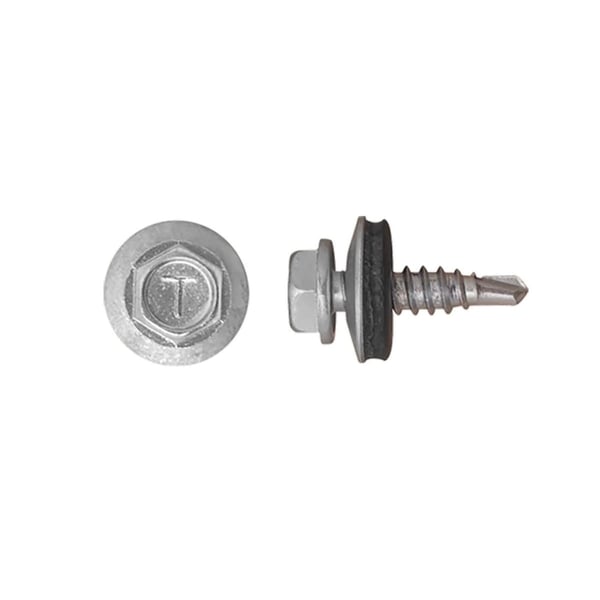 Edelstahlschraube mit Sechskantkopf und Dichtscheibe, Draufsicht und Seitenansicht, Farbe Graualuminium