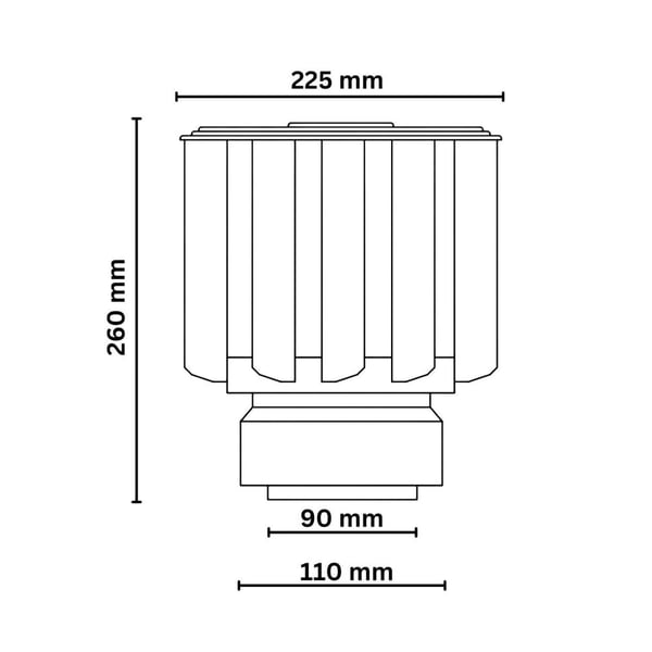 Technische Zeichnung des Entlüfteraufsatzes mit Massen: 260 mm Höhe, 225 mm Breite, 90/110 mm Anschluss