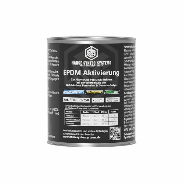 EPDM Aktivierung 750 ml Dose von DACHPROTECT, schwarzes Etikett mit Produktinformationen