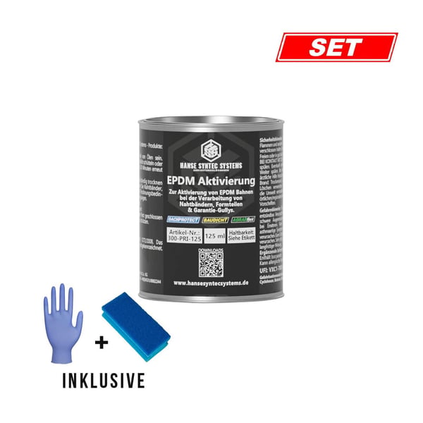 EPDM Aktivierung 125 ml Dose von DACHPROTECT, inklusive Handschuhe und Schwamm, SET-Kennzeichnung