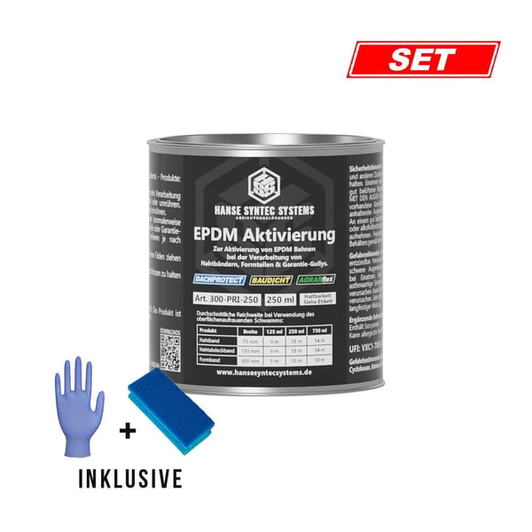 Dachprotect EPDM Aktivierung 250ml Dose mit Handschuhen und Schwamm, Set-Ansicht