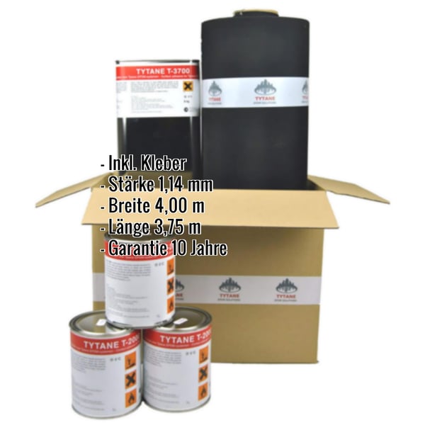 EPDM Dachfolie Sparpaket, schwarze Folie und Kleber in Karton, mit eingeblendeten Eckdaten