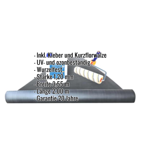 EPDM Dachfolie Sparpaket mit Kleber und Walze, Eckdaten eingeblendet: UV-bestaendig, Wurzelfest, Staerke 1,20 mm