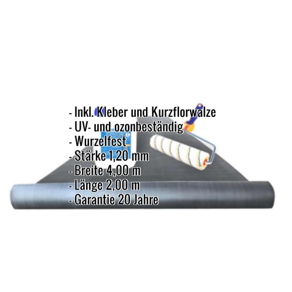 EPDM Dachfolie Sparpaket mit eingeblendeten Eckdaten wie Stärke 1,20 mm und Garantie 20 Jahre