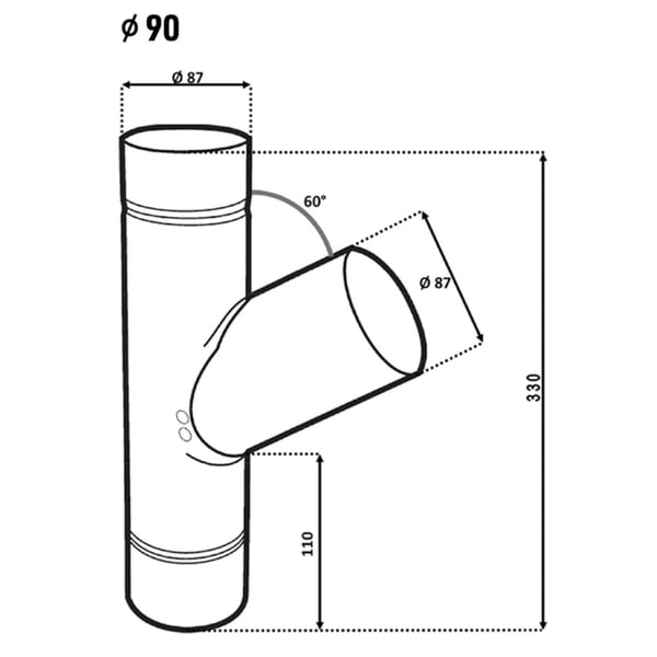 Technische Zeichnung des Fallrohrabzweigs 60 Grad mit Massangaben fuer Durchmesser 90 mm und Hoehe 330 mm