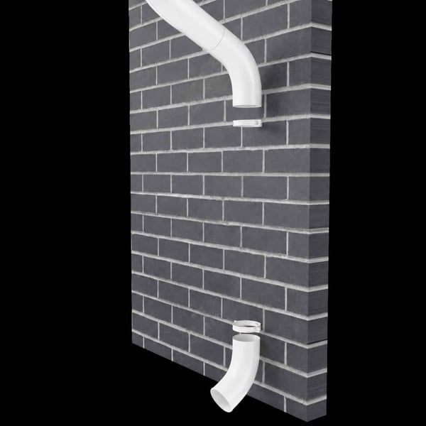 Fallrohrauslauf in reinweiß an einer dunklen Ziegelwand montiert, als Teil eines Fallrohrsystems