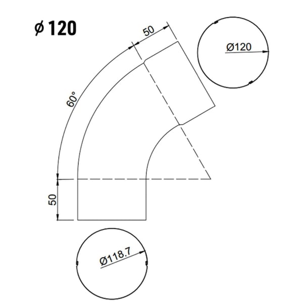 Technische Zeichnung des Fallrohrbogens mit Massen und Winkeln, Durchmesser 120 mm