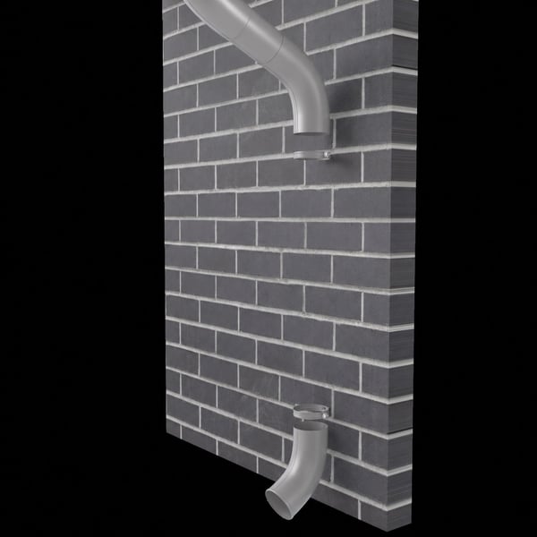 Fallrohrbogen in Graualuminium (RAL 9007) an einer Ziegelwand, als Teil eines Fallrohrsystems
