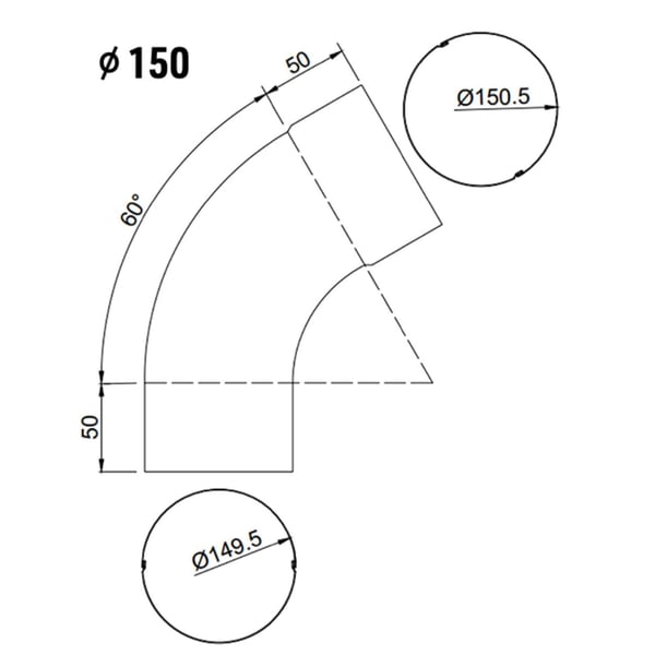 Technische Zeichnung des Fallrohrbogens mit Massen, Durchmesser 150 mm und 60 Grad Winkel