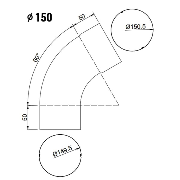 Technische Zeichnung des Fallrohrbogens mit Massen fuer Durchmesser 150 mm und 60 Grad Winkel