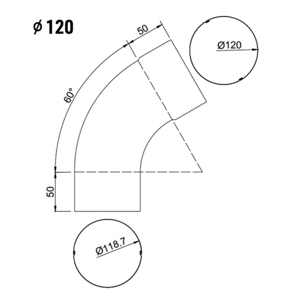 Technische Zeichnung Fallrohrbogen verzinkt, Durchmesser 120 mm, Biegewinkel 60 Grad