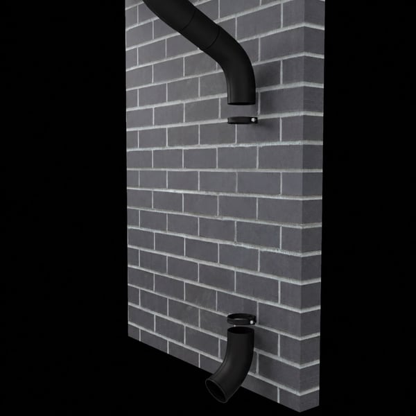 Zwei tiefschwarze Fallrohrboegen (RAL 9005) an einer Ziegelwand, Montage-Beispiel