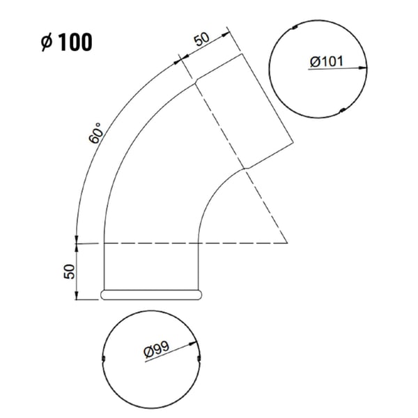 Technische Zeichnung des Fallrohrbogens mit Massen und Winkeln, Durchmesser 100 mm