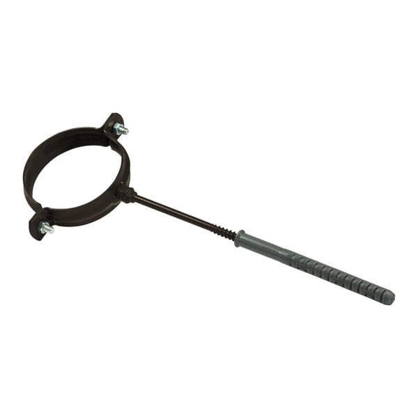 Fallrohrschelle aus braunem Stahl mit Langschlagschraubstift und grauer Duebelhuelse