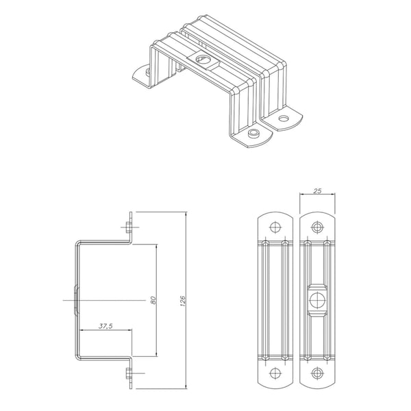 Technische Zeichnung der Fallrohrschelle mit Massangaben von 25, 37.5, 80 und 126 mm