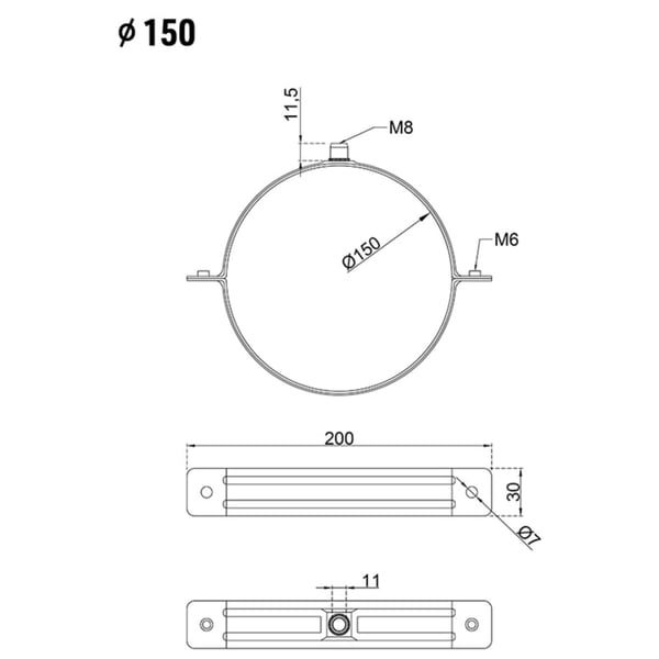 Technische Zeichnung der Fallrohrschelle mit Massen, Durchmesser 150 mm und Schraubengroessen